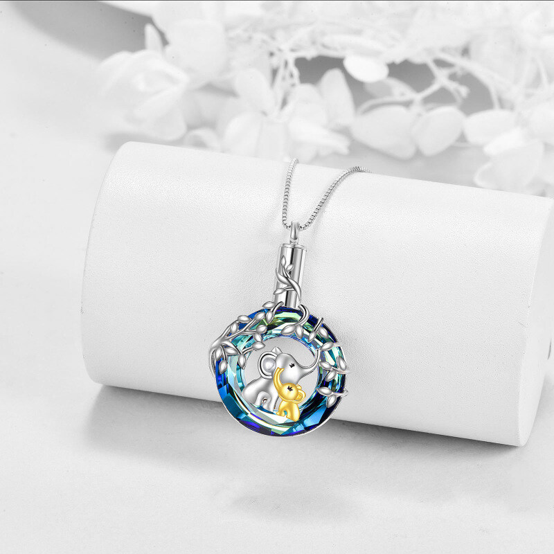 Sterling Silver Two-tone Circular Shaped Crystal Elephant & Leaves Urn Necklace for Ashes-3