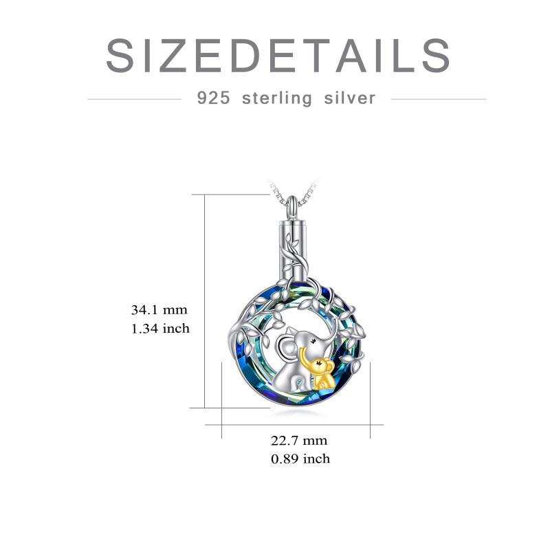 Sterling Silver Two-tone Circular Shaped Crystal Elephant & Leaves Urn Necklace for Ashes-5
