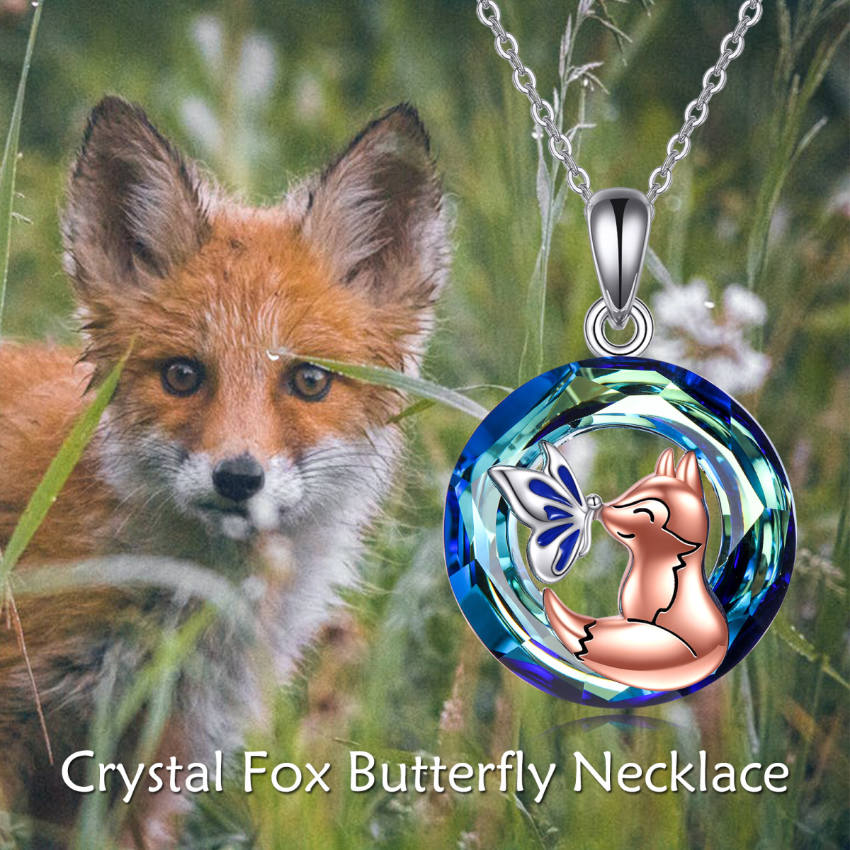 Sterling Silver Two-tone Circular Shaped Crystal Fox Circle Pendant Necklace-6