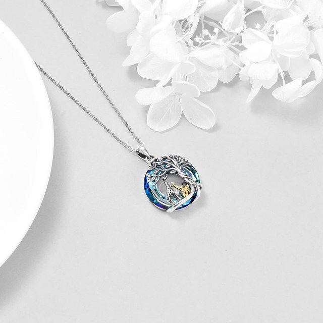 Sterling Silver Two-tone Circular Shaped Crystal Giraffe & Tree Of Life Pendant Necklace-3