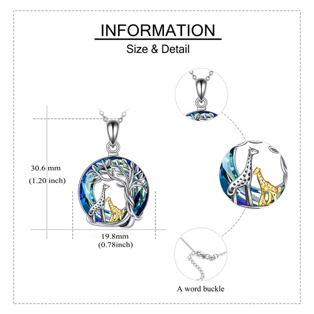 Sterling Silver Two-tone Circular Shaped Crystal Giraffe & Tree Of Life Pendant Necklace-5