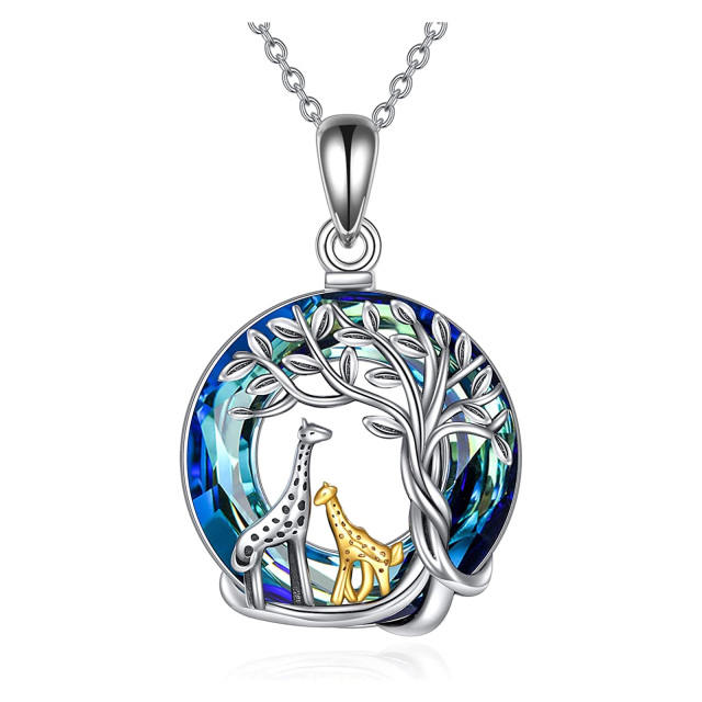 Sterling Silver Two-tone Circular Shaped Crystal Giraffe & Tree Of Life Pendant Necklace-1