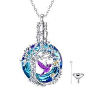 Sterling Silver Two-tone Circular Shaped Crystal Hummingbird & Tree Of Life Urn Necklace for Ashes-13