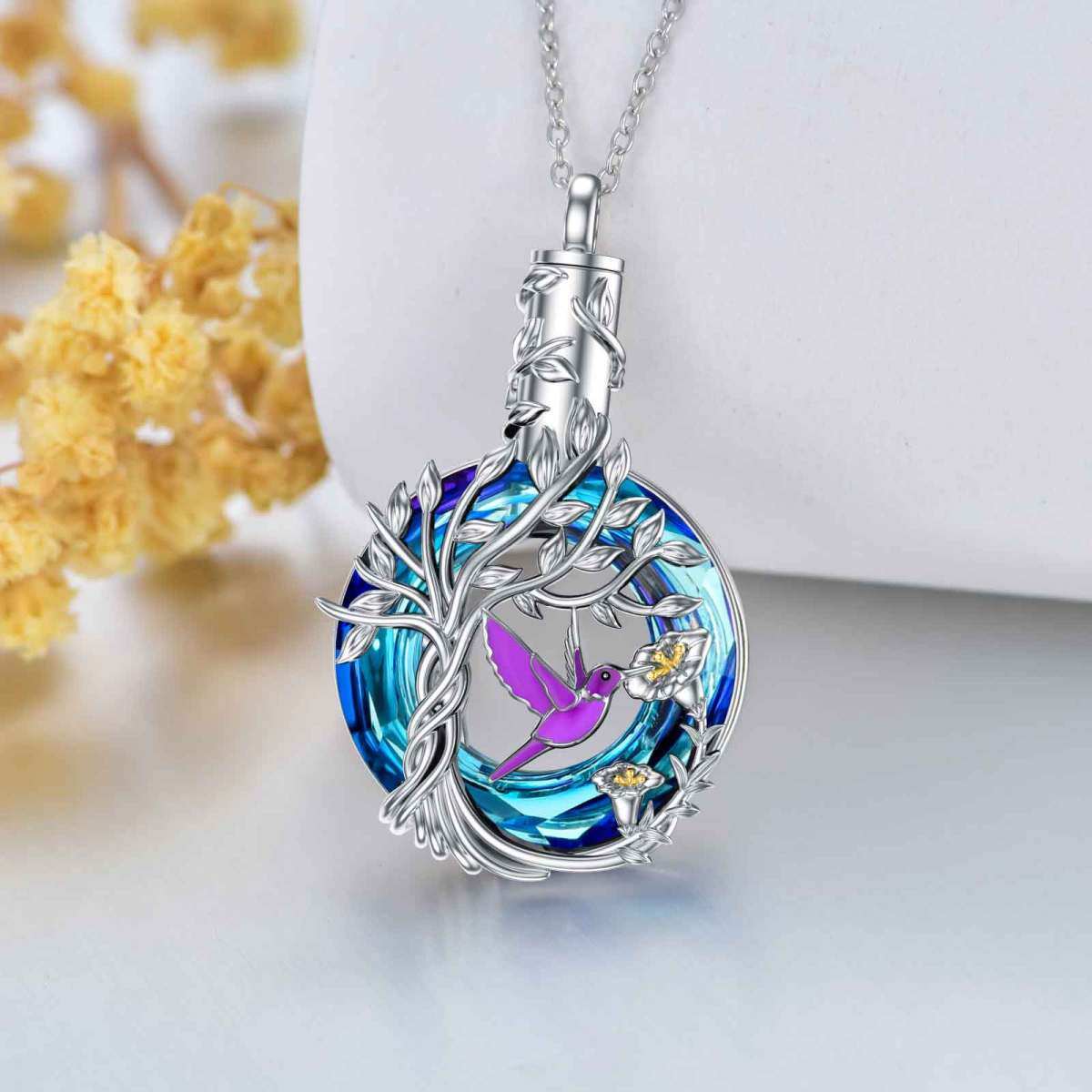 Sterling Silver Two-tone Circular Shaped Crystal Hummingbird & Tree Of Life Urn Necklace for Ashes-3