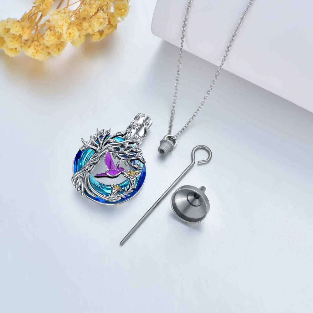 Sterling Silver Two-tone Circular Shaped Crystal Hummingbird & Tree Of Life Urn Necklace for Ashes-4