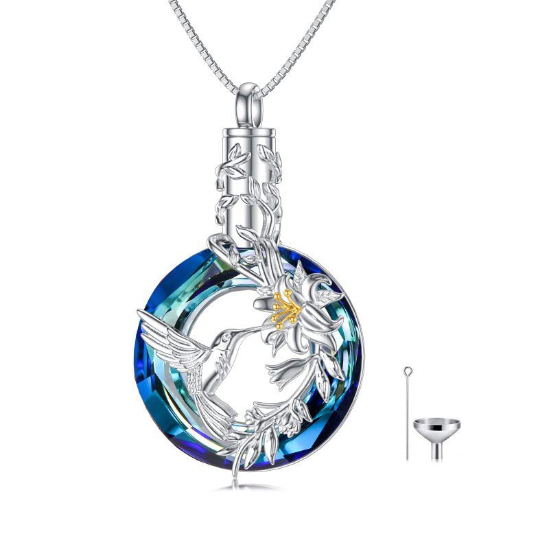 Sterling Silver Two-tone Circular Shaped Crystal Hummingbird Urn Necklace for Ashes-19