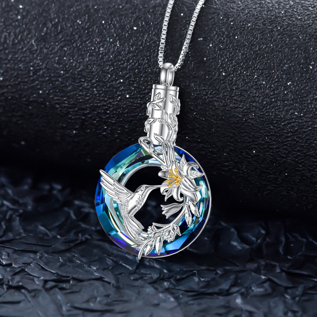 Sterling Silver Two-tone Circular Shaped Crystal Hummingbird Urn Necklace for Ashes-3