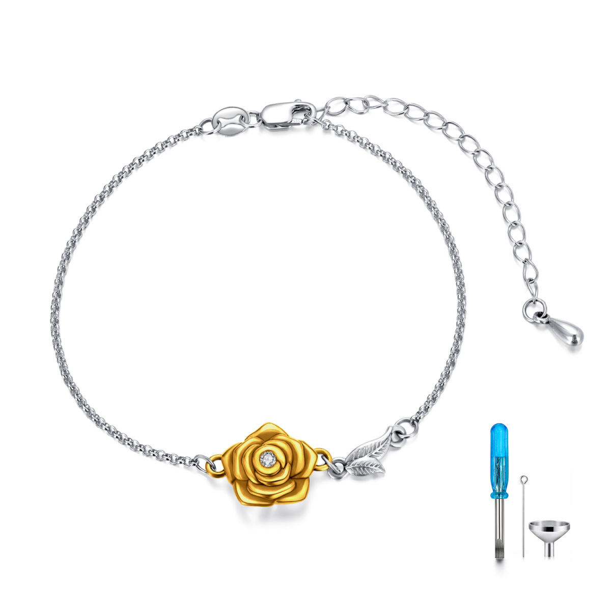 Pulsera de plata de ley bicolor con forma circular de rosa de cristal para cenizas-1