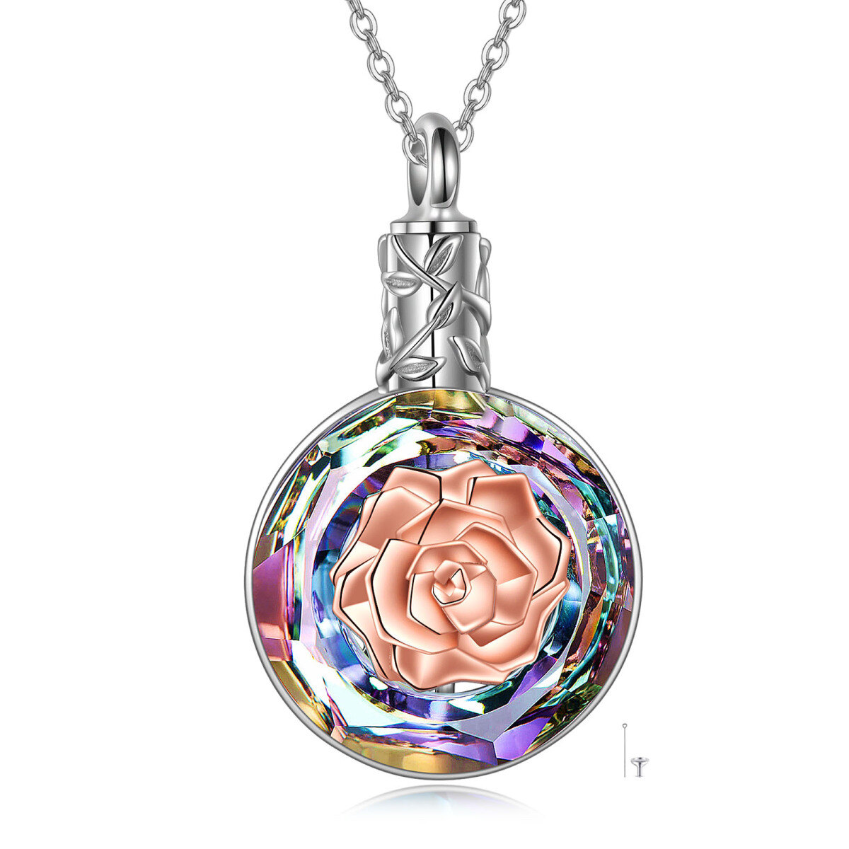 Collana con urna a forma di rosa di cristallo a forma circolare bicolore in argento sterling per ceneri-1