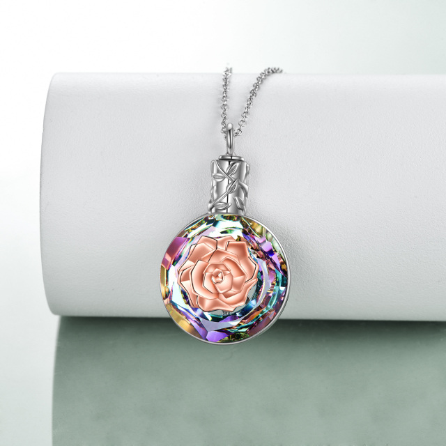 Sterling Silver Two-tone Circular Shaped Crystal Rose Urn Necklace for Ashes-3