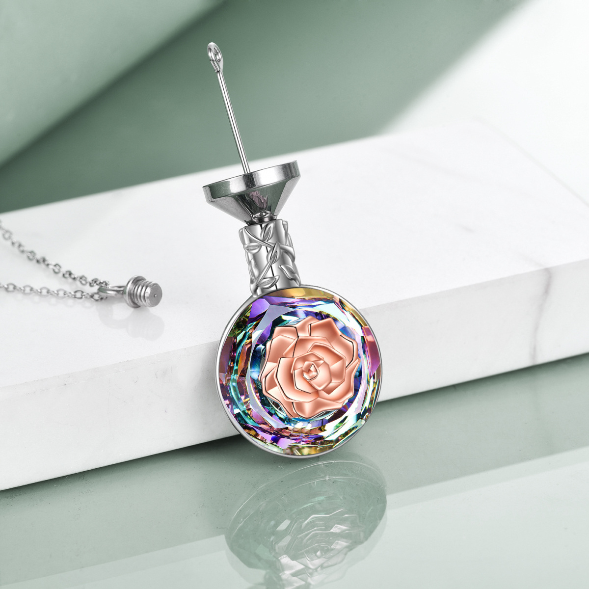 Sterling Silver Two-tone Circular Shaped Crystal Rose Urn Necklace for Ashes-4