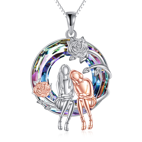 Sterling Silver Two-tone Circular Shaped Crystal Sisters Pendant Necklace