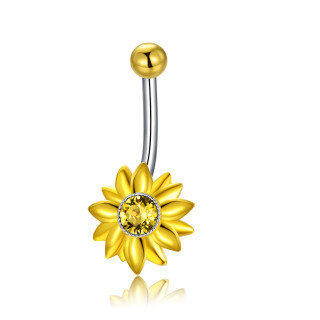 Sterling Silver Two-tone Circular Shaped Crystal Sunflower Belly Button Ring-59