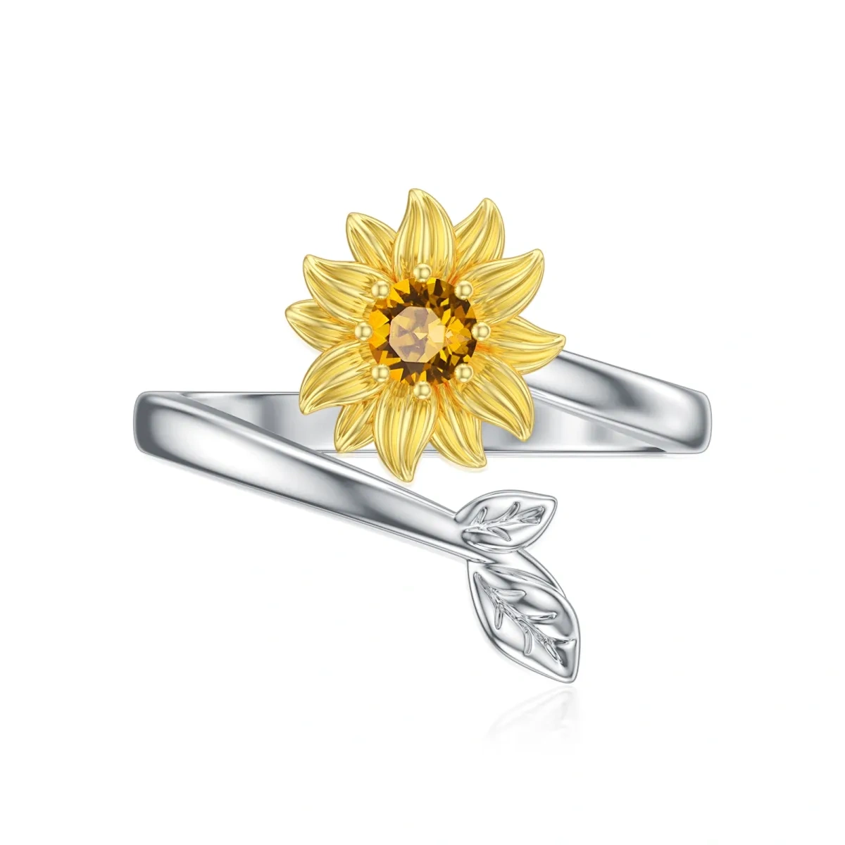 Anillo abierto de girasol con cristal en forma circular de dos tonos en plata de ley-1