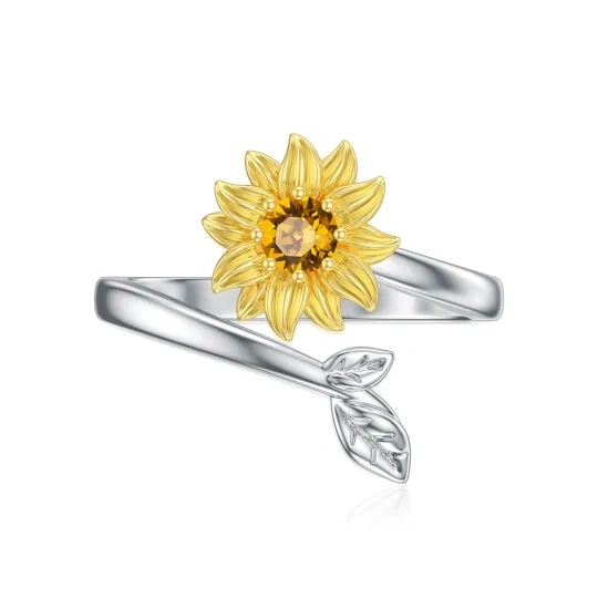 Anello aperto in argento sterling bicolore a forma di girasole circolare di cristallo