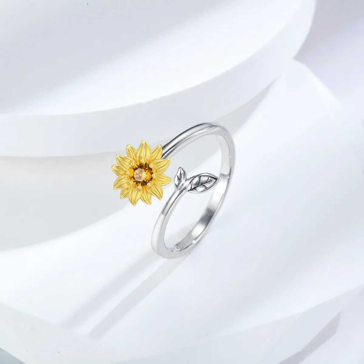 Anillo abierto de girasol con cristal en forma circular de dos tonos en plata de ley-3