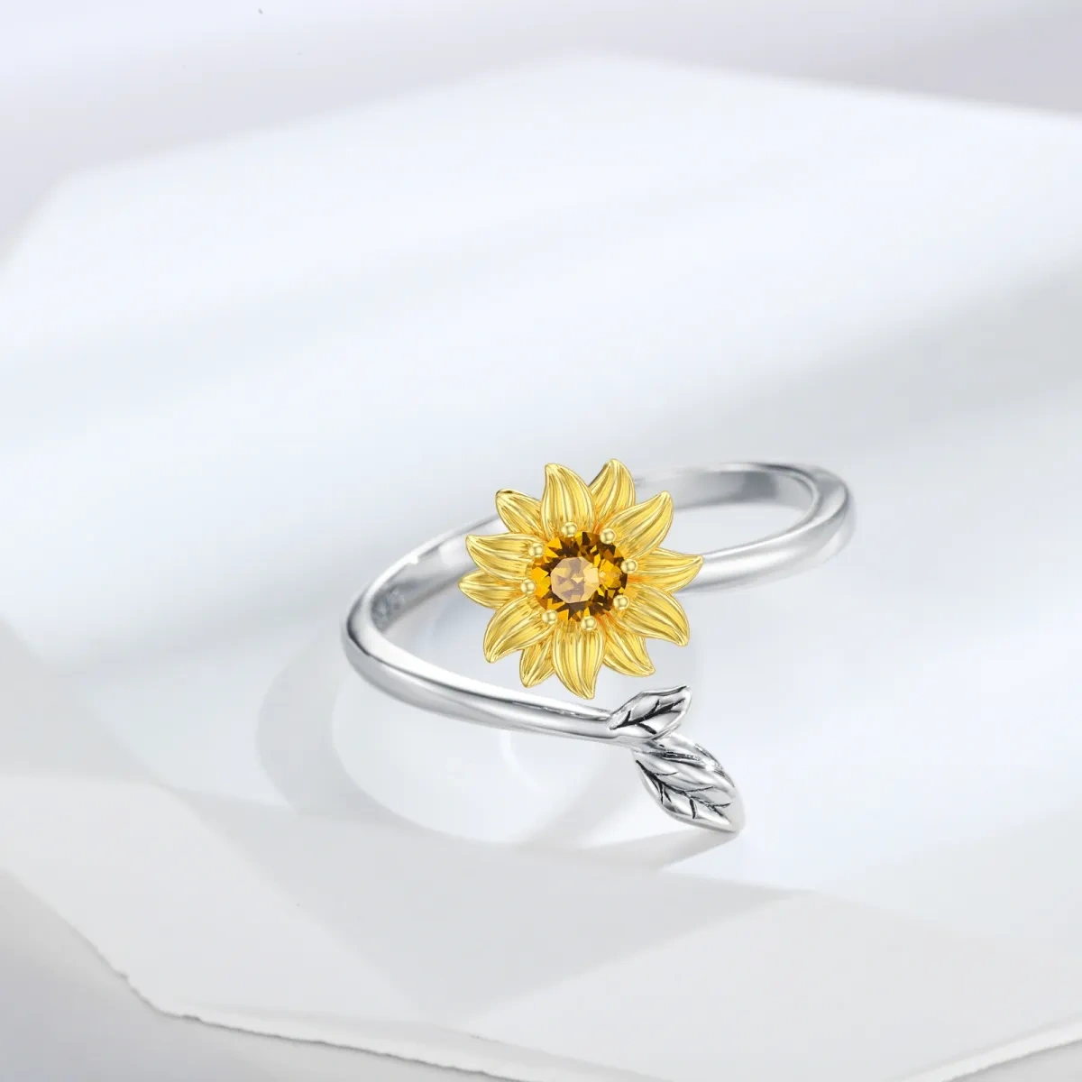 Anillo abierto de girasol con cristal en forma circular de dos tonos en plata de ley-4