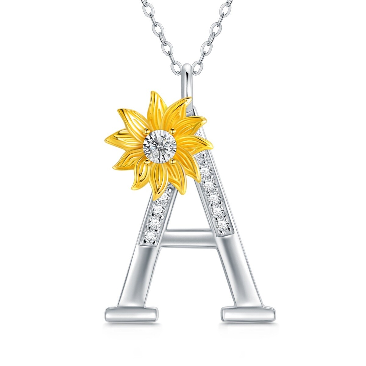 Sterling Silver Two-tone Circular Shaped Crystal Sunflower Pendant Necklace with Initial Letter A-1