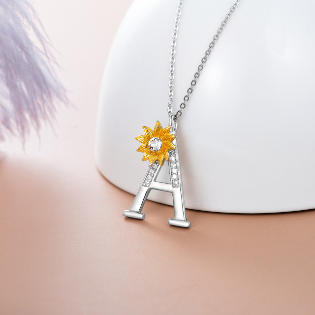 Sterling Silver Two-tone Circular Shaped Crystal Sunflower Pendant Necklace with Initial Letter A-3