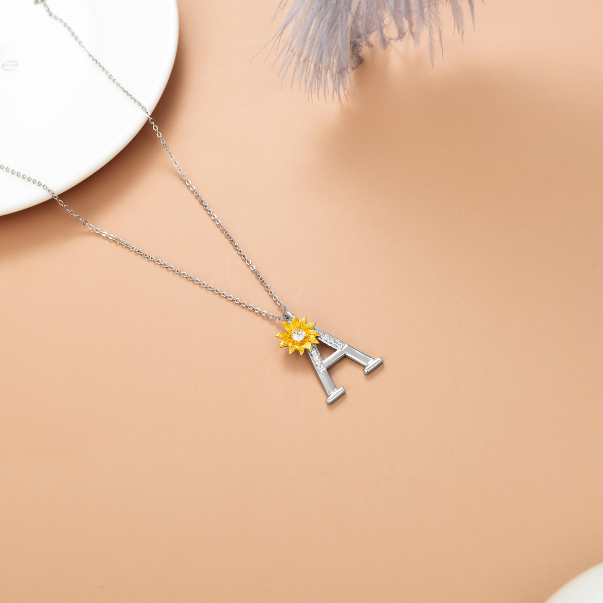 Sterling Silver Two-tone Circular Shaped Crystal Sunflower Pendant Necklace with Initial Letter A-4