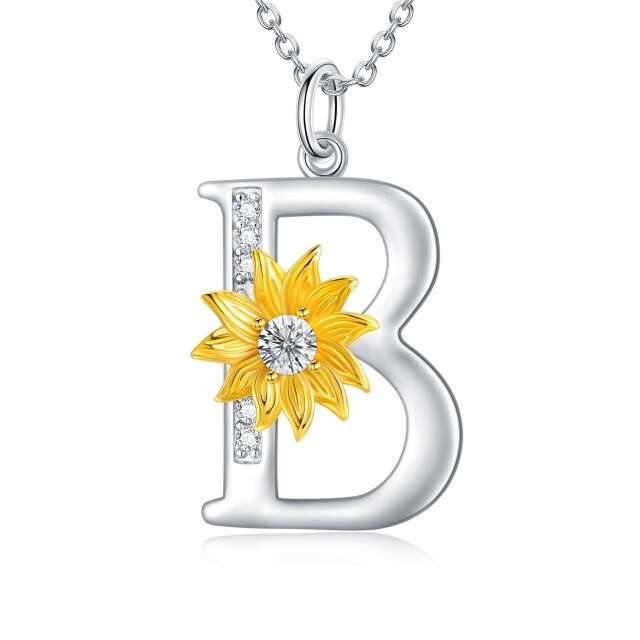 Sterling Silver Two-tone Circular Shaped Crystal Sunflower Pendant Necklace with Initial Letter B-1