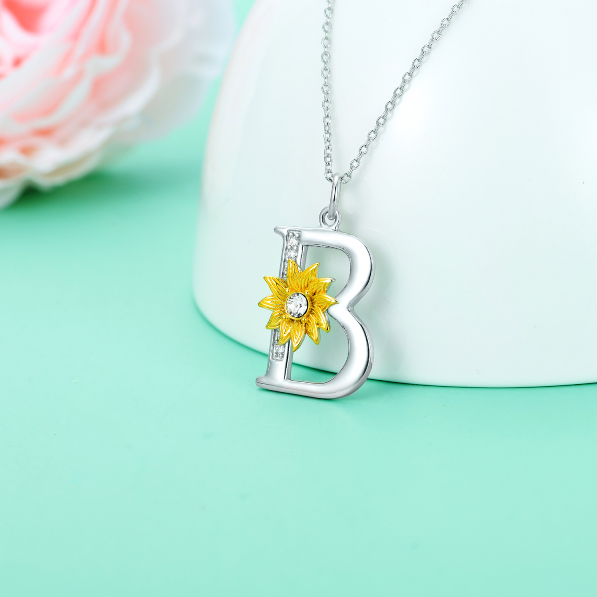 Sterling Silver Two-tone Circular Shaped Crystal Sunflower Pendant Necklace with Initial Letter B-3