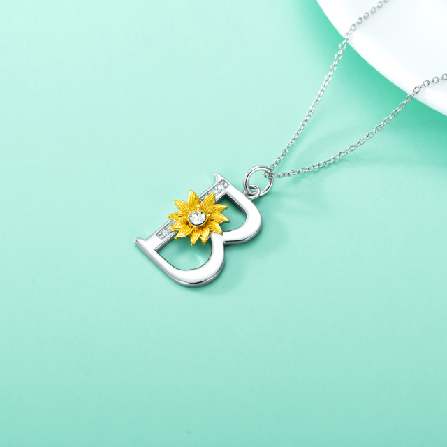 Sterling Silver Two-tone Circular Shaped Crystal Sunflower Pendant Necklace with Initial Letter B-4