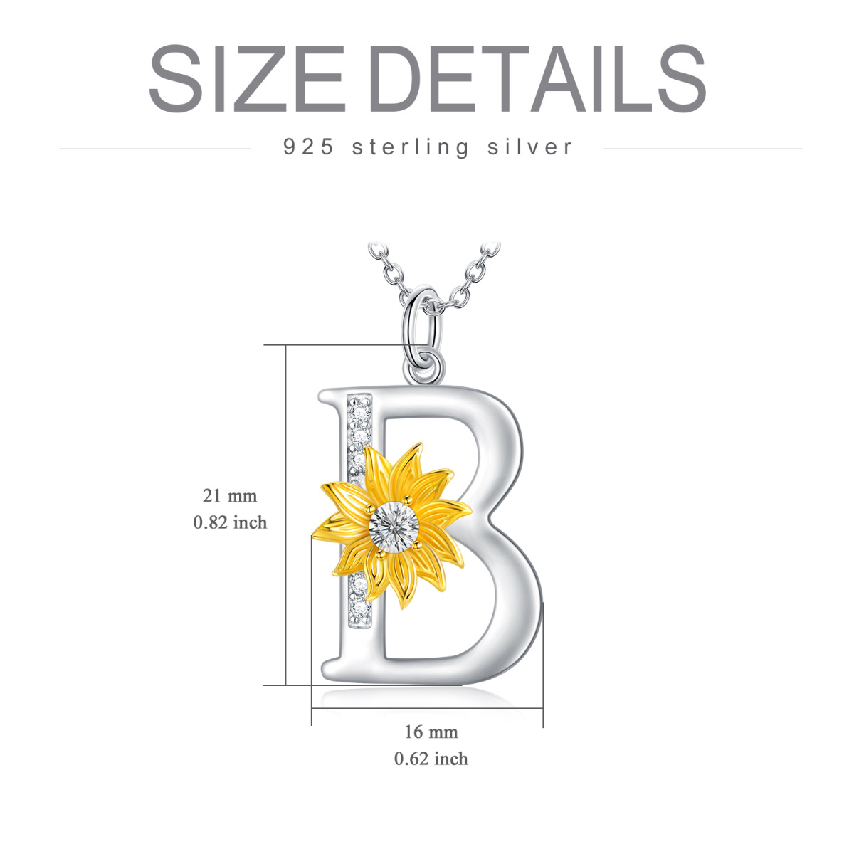 Sterling Silver Two-tone Circular Shaped Crystal Sunflower Pendant Necklace with Initial Letter B-5