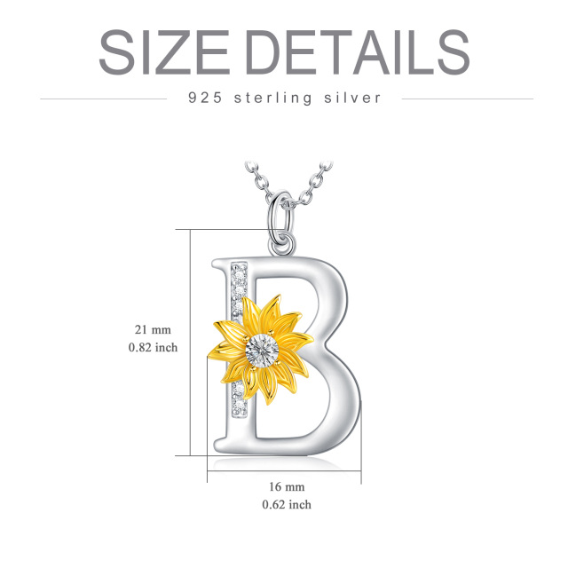 Sterling Silver Two-tone Circular Shaped Crystal Sunflower Pendant Necklace with Initial Letter B-5