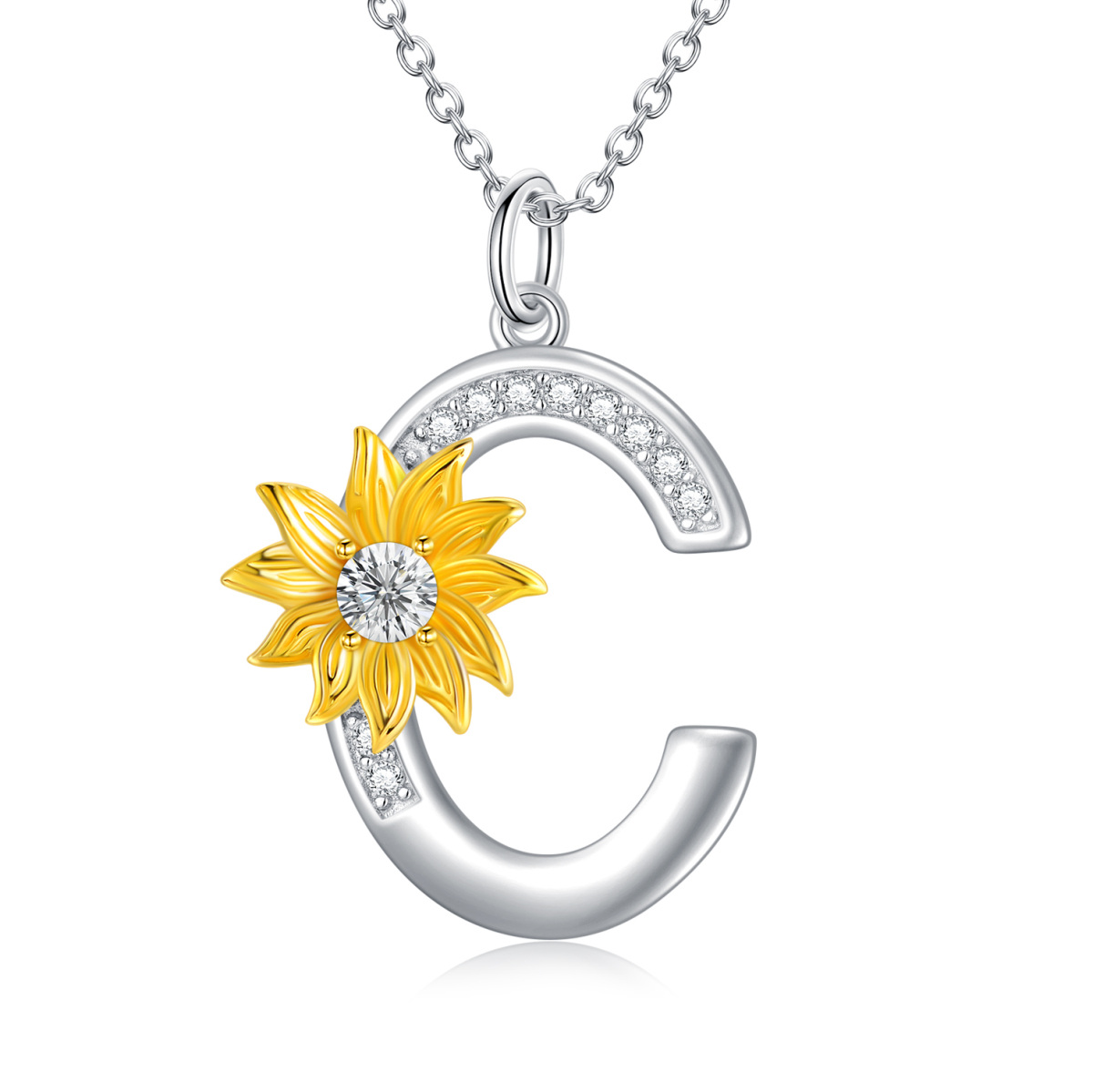 Sterling Silver Two-tone Circular Shaped Crystal Sunflower Pendant Necklace with Initial Letter C-1