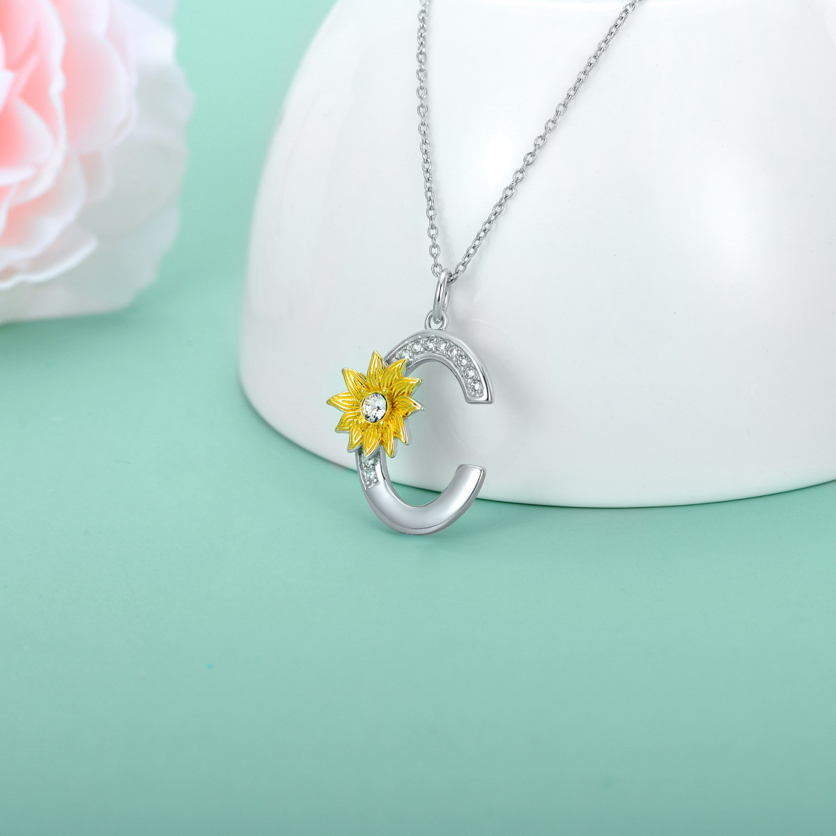 Sterling Silver Two-tone Circular Shaped Crystal Sunflower Pendant Necklace with Initial Letter C-3