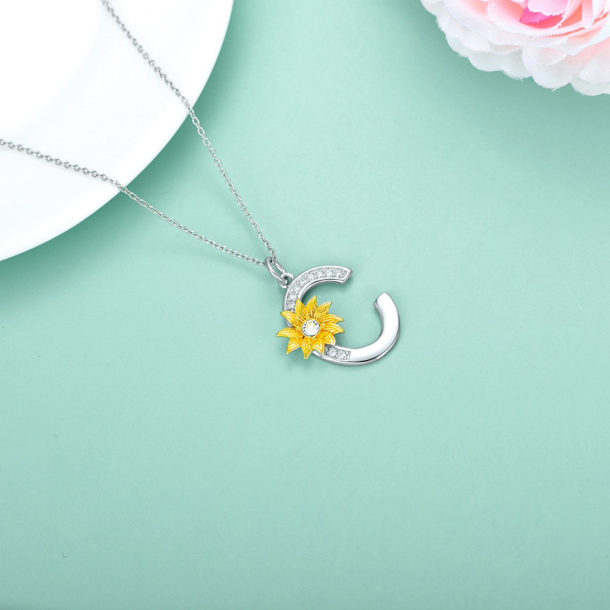 Sterling Silver Two-tone Circular Shaped Crystal Sunflower Pendant Necklace with Initial Letter C-4