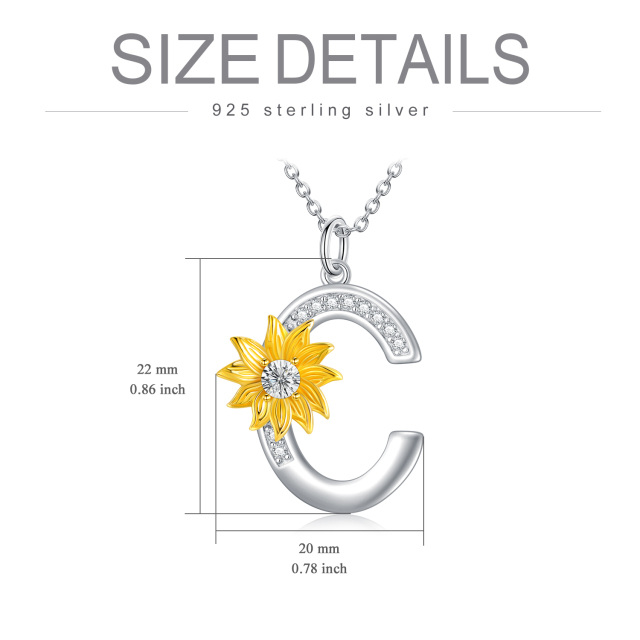 Sterling Silver Two-tone Circular Shaped Crystal Sunflower Pendant Necklace with Initial Letter C-5