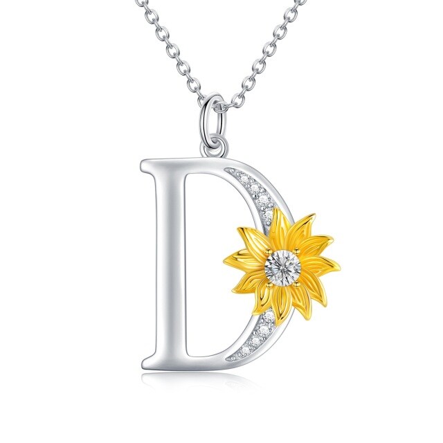 Sterling Silver Two-tone Circular Shaped Crystal Sunflower Pendant Necklace with Initial Letter D-1