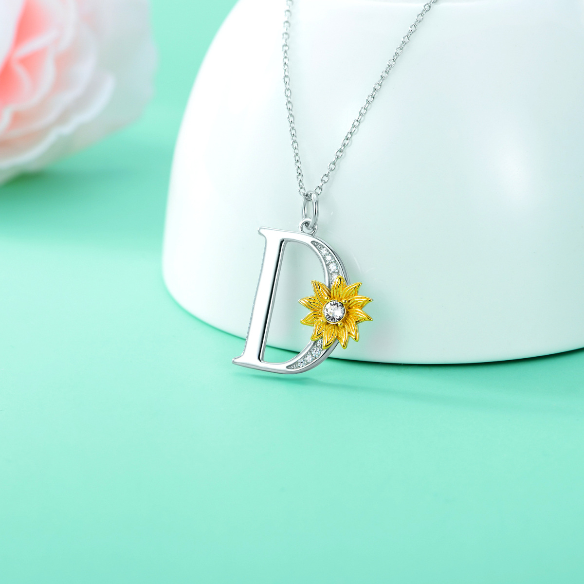 Collier en argent sterling avec pendentif tournesol en cristal bicolore et lettre initiale-3