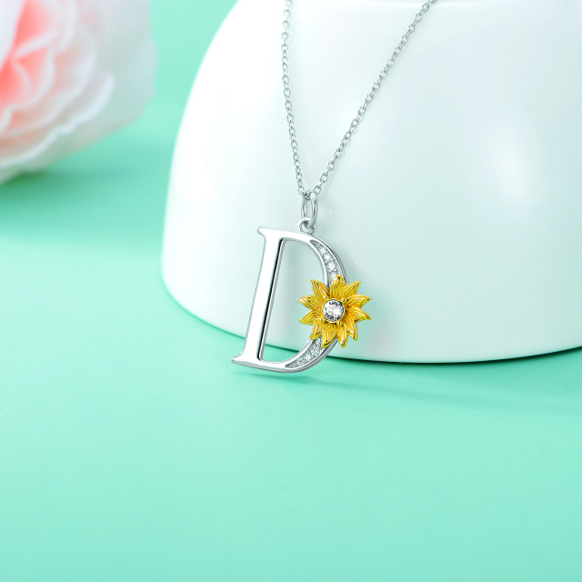 Sterling Silver Two-tone Circular Shaped Crystal Sunflower Pendant Necklace with Initial Letter D-3