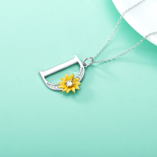 Sterling zilveren tweekleurige cirkelvormige kristallen zonnebloem hanger ketting met initiaal letter D-4