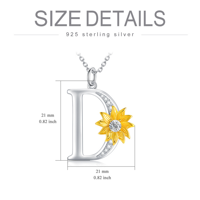 Sterling Silver Two-tone Circular Shaped Crystal Sunflower Pendant Necklace with Initial Letter D-5