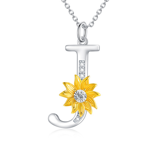 Collana con ciondolo di cristallo a forma di girasole circolare in argento sterling bicolore con lettera iniziale J