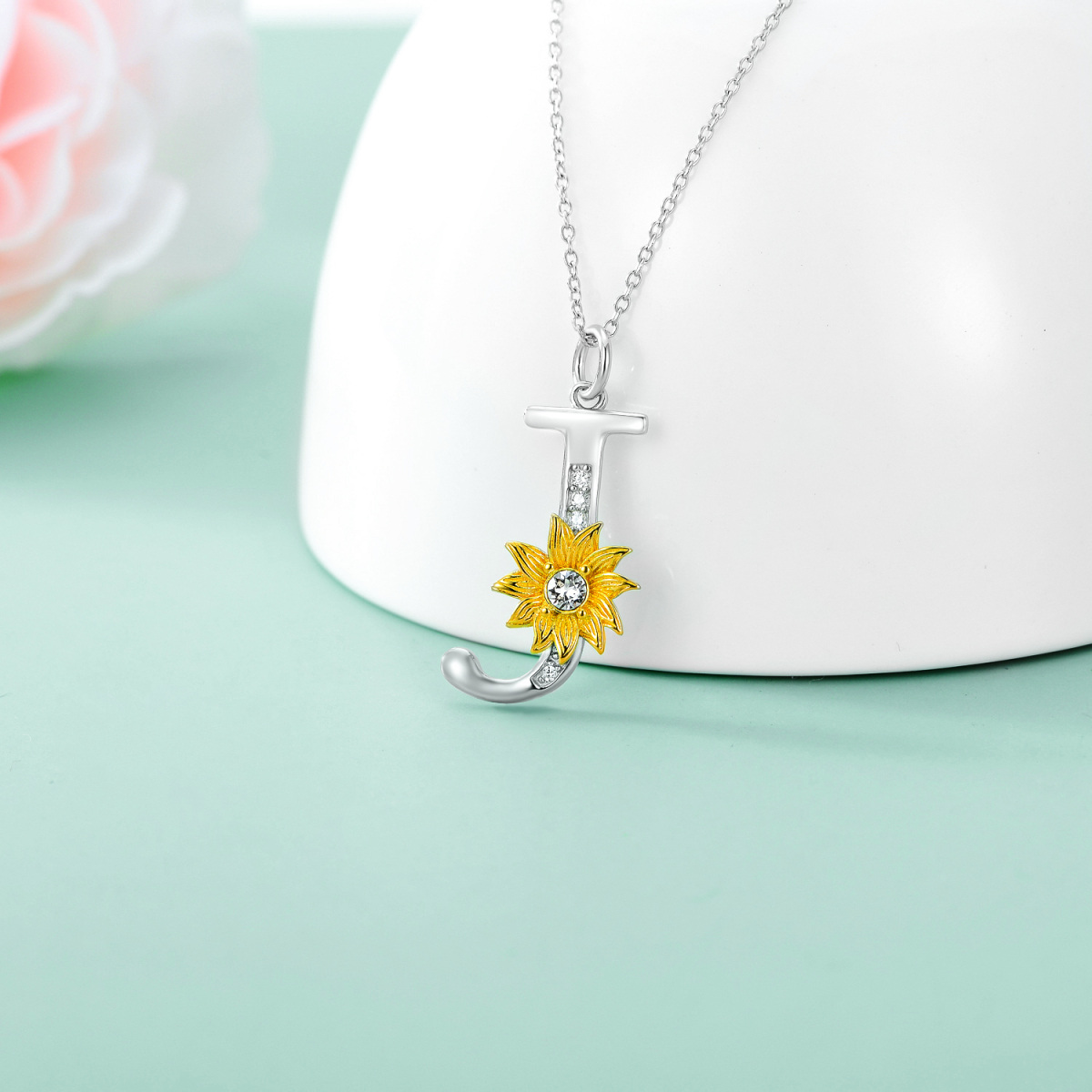 Sterling Silver Two-tone Circular Shaped Crystal Sunflower Pendant Necklace with Initial Letter J-3