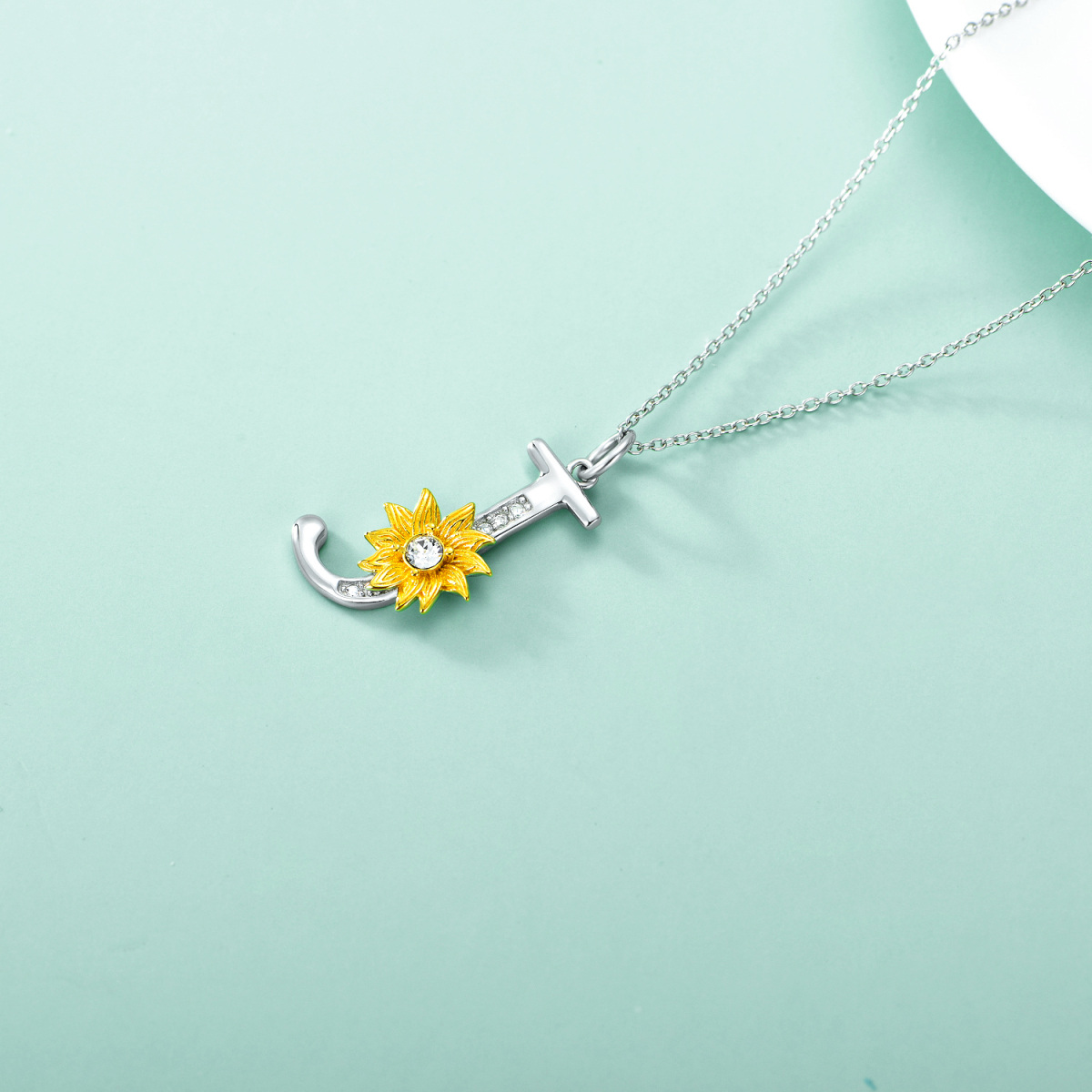 Sterling Silver Two-tone Circular Shaped Crystal Sunflower Pendant Necklace with Initial Letter J-4