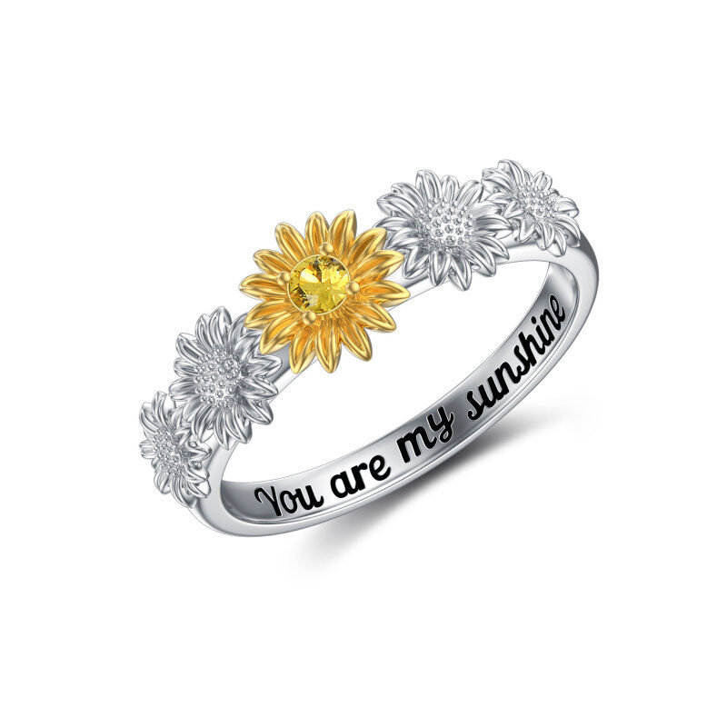 Bague en argent sterling bicolore en forme de tournesol avec cristal de forme circulaire et mot gravé