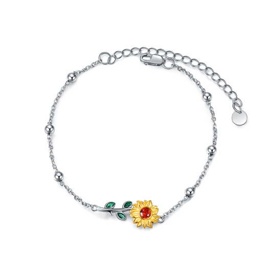 Sterling Silver Two-tone Circular Shaped Crystal & Cubic Zirconia Sunflower Single Chain Anklet