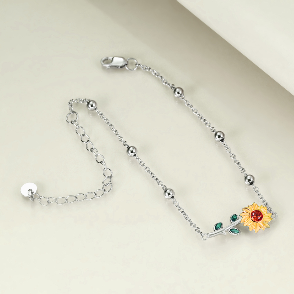 Tobillera de cadena sencilla girasol de plata de ley bicolor con forma circular de cristal-3