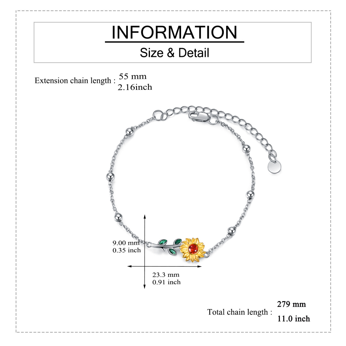 Sterling Silver Two-tone Circular Shaped Crystal & Cubic Zirconia Sunflower Single Chain Anklet-4