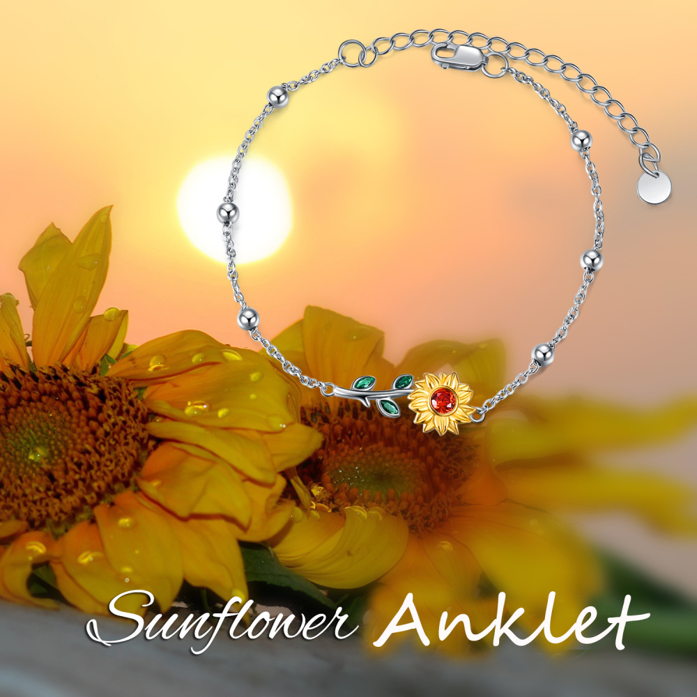 Tobillera de cadena sencilla girasol de plata de ley bicolor con forma circular de cristal-5