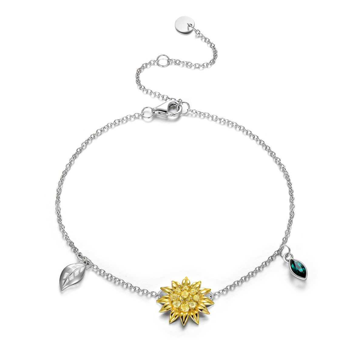 Sterling Silver Two-tone Circular Shaped Crystal Sunflower Single Layer Anklet-1