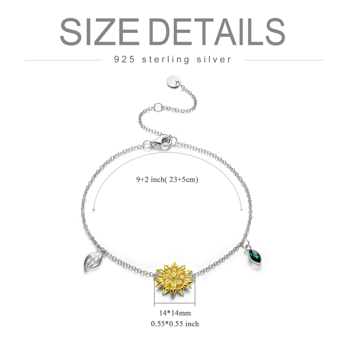 Sterling Silver Two-tone Circular Shaped Crystal Sunflower Single Layer Anklet-5