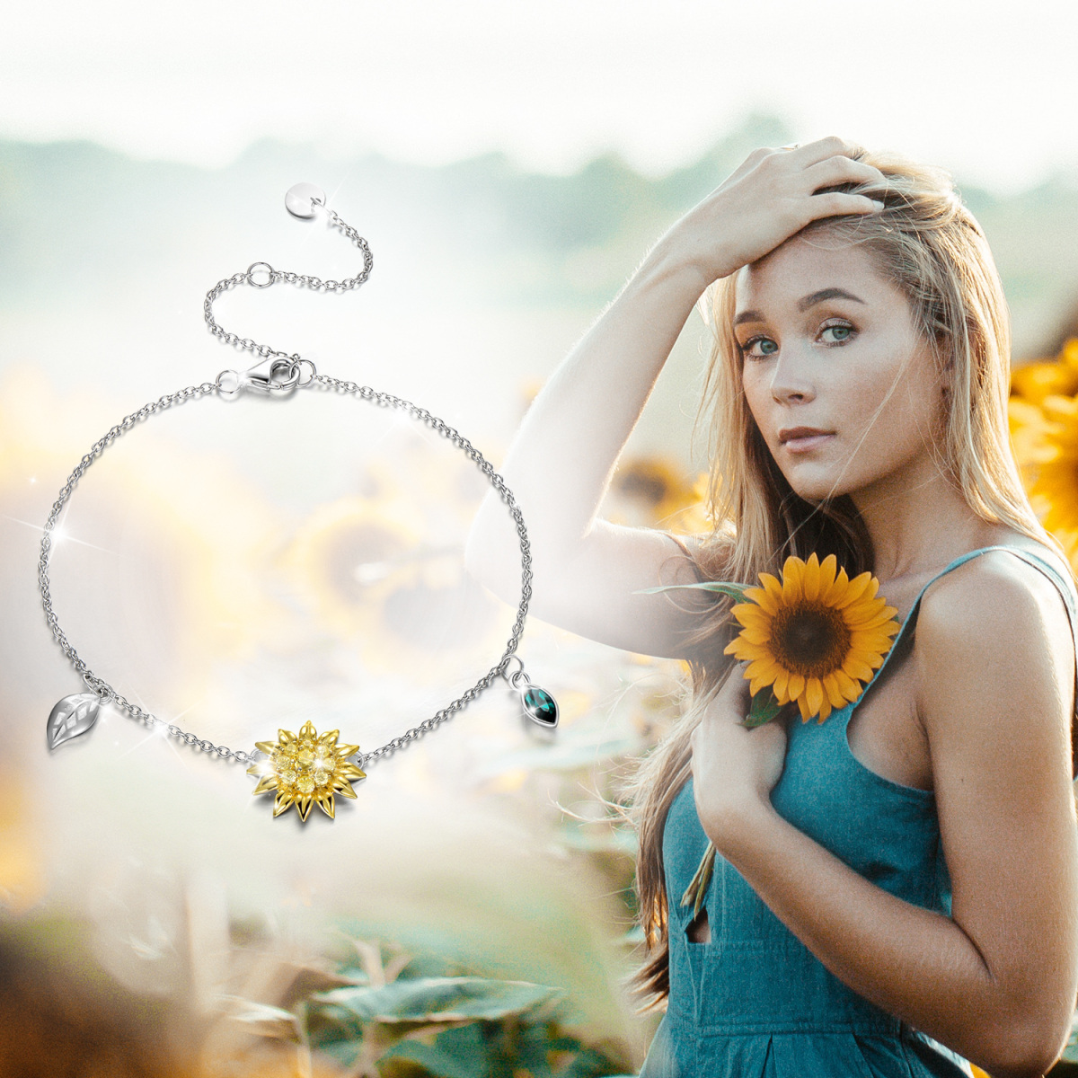 Sterling Silver Two-tone Circular Shaped Crystal Sunflower Single Layer Anklet-6