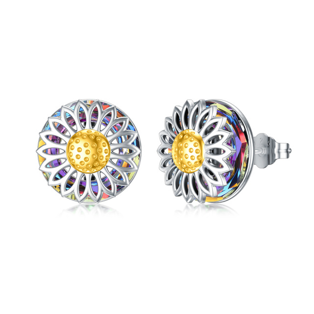 Sterling Silver Two-tone Circular Shaped Crystal Sunflower Stud Earrings